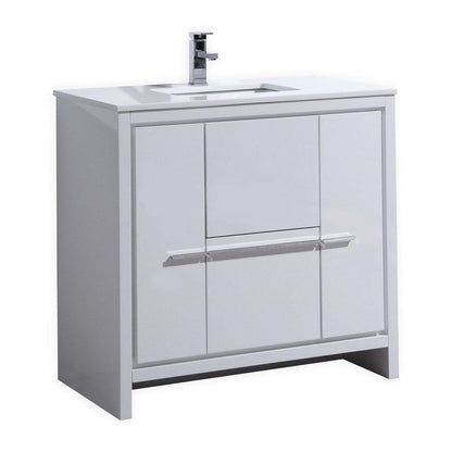 KubeBath Dolce 36 in. Freestanding Single Sink Modern Bathroom Vanity with White Quartz Counter-Top and Cabinet Color Options High Gloss White