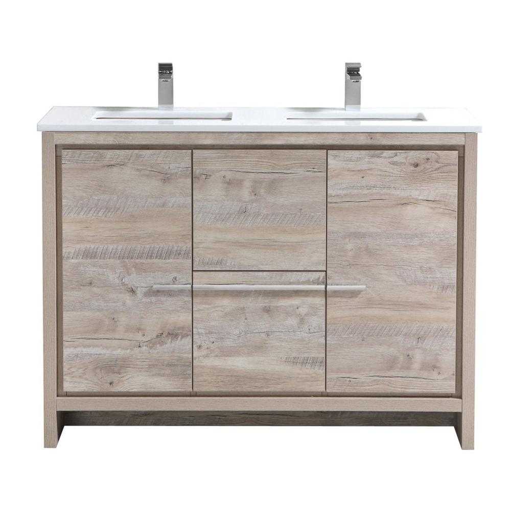 KubeBath Dolce 48 in. Freestanding Double Sink Modern Bathroom Vanity with White Quartz Counter-Top and Cabinet Color Options Nature Wood