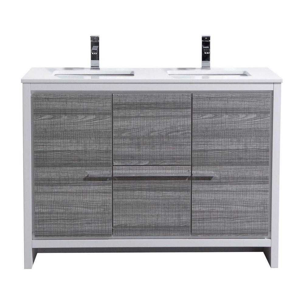 KubeBath Dolce 48 in. Freestanding Double Sink Modern Bathroom Vanity with White Quartz Counter-Top and Cabinet Color Options Ash Gray