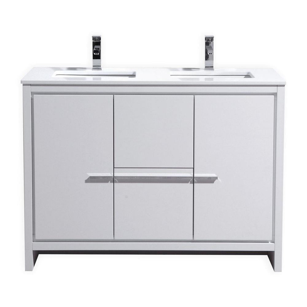 KubeBath Dolce 48 in. Freestanding Double Sink Modern Bathroom Vanity with White Quartz Counter-Top and Cabinet Color Options High Gloss White