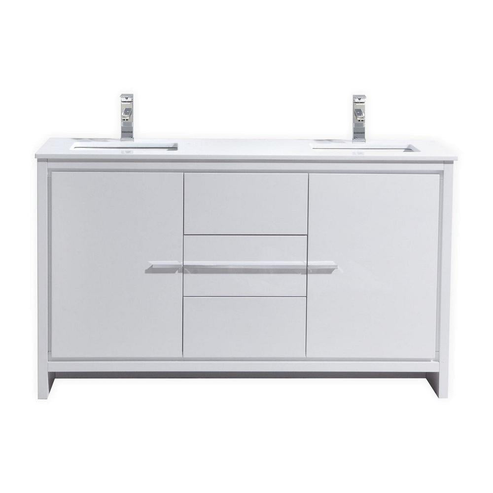 KubeBath Dolce 60 in. Freestanding Double Sink Modern Bathroom Vanity with White Quartz Counter-Top and Cabinet Color Options High Gloss White