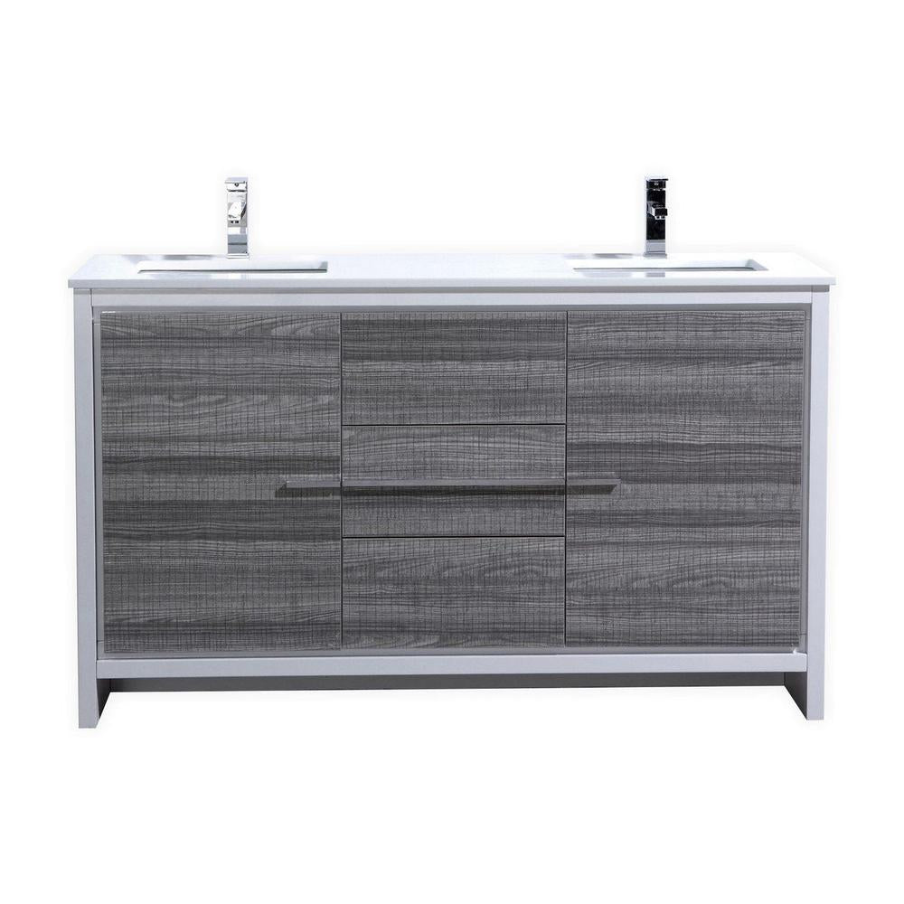 KubeBath Dolce 60 in. Freestanding Double Sink Modern Bathroom Vanity with White Quartz Counter-Top and Cabinet Color Options Ash Gray