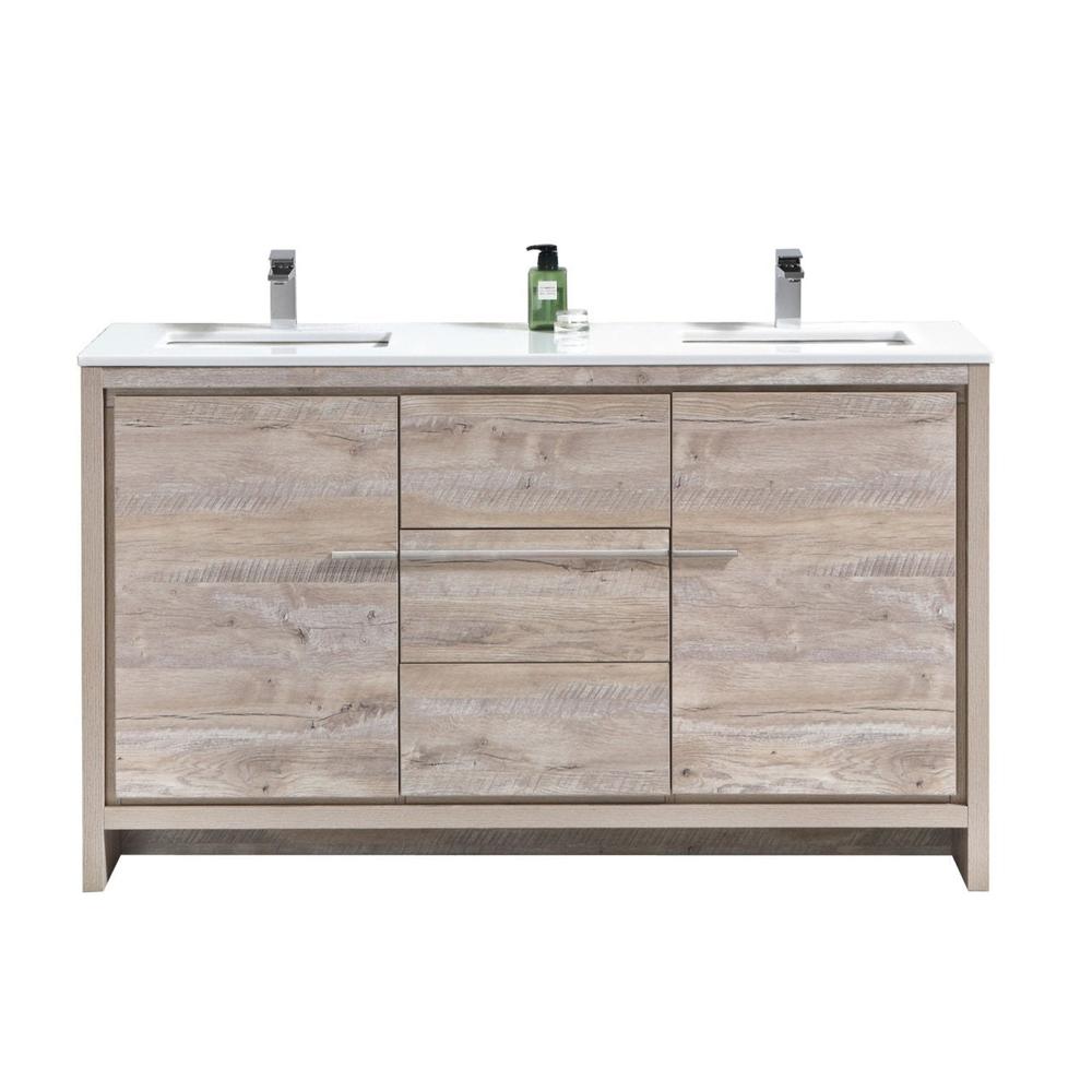 KubeBath Dolce 60 in. Freestanding Double Sink Modern Bathroom Vanity with White Quartz Counter-Top and Cabinet Color Options Nature Wood