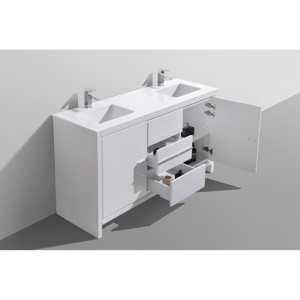 KubeBath Dolce 60 in. Freestanding Double Sink Modern Bathroom Vanity with White Quartz Counter-Top and Cabinet Color Options 
