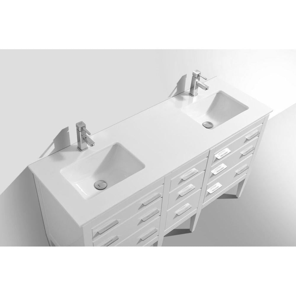 KubeBath Eiffel 60 in. Double Sink Vanity with Quartz Counter Top and White Lacquer Cabinets 