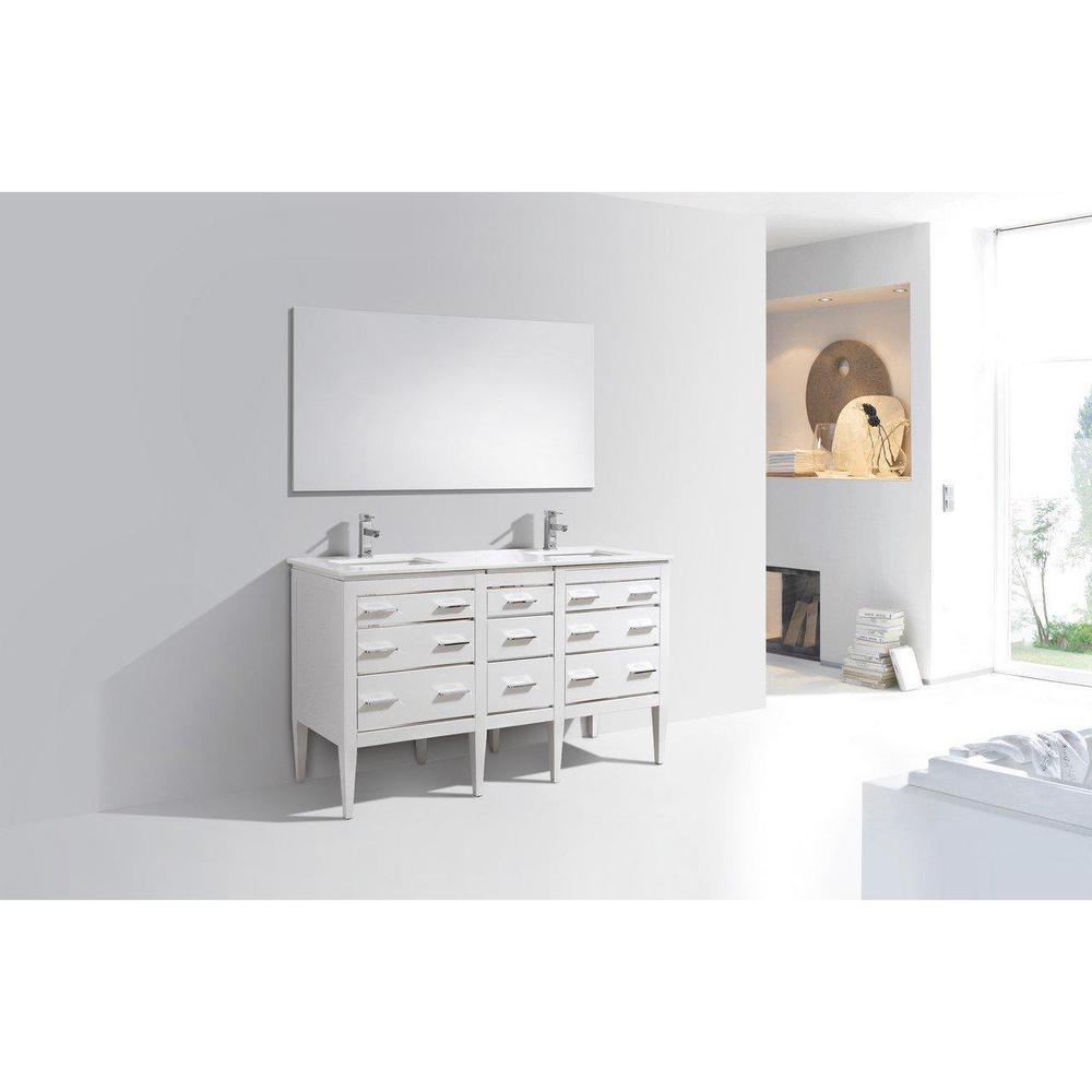KubeBath Eiffel 60 in. Double Sink Vanity with Quartz Counter Top and White Lacquer Cabinets 