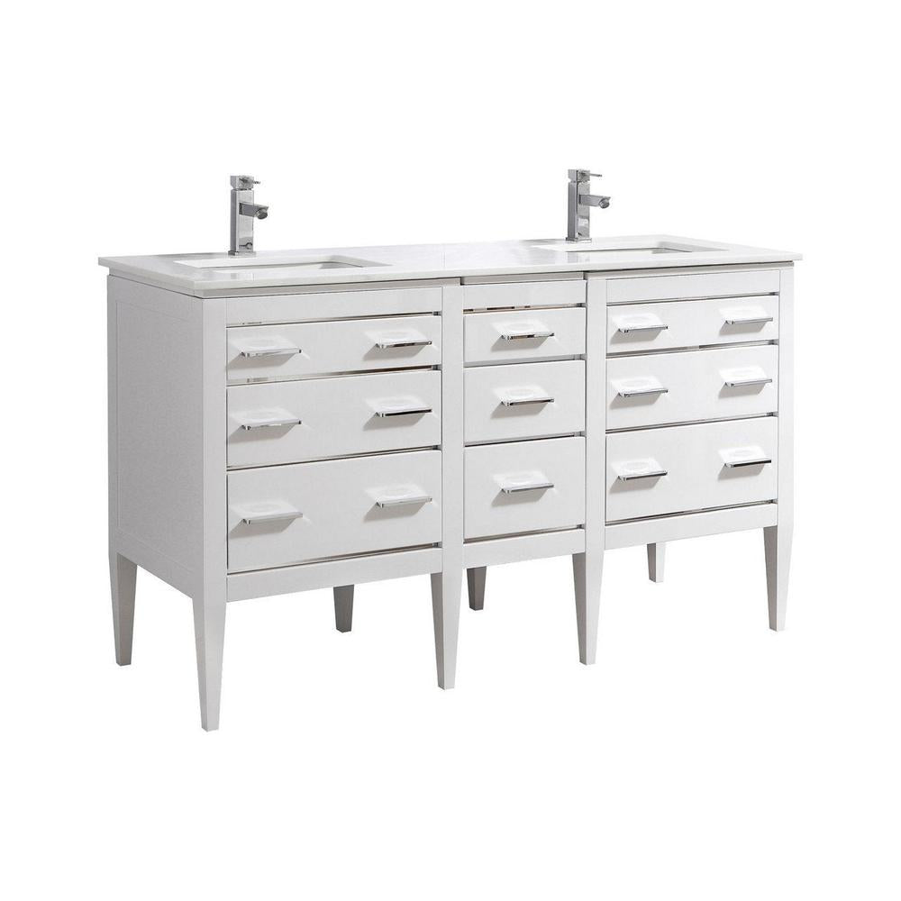 KubeBath Eiffel 60 in. Double Sink Vanity with Quartz Counter Top and White Lacquer Cabinets 