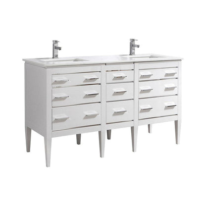 KubeBath Eiffel 60 in. Double Sink Vanity with Quartz Counter Top and White Lacquer Cabinets 