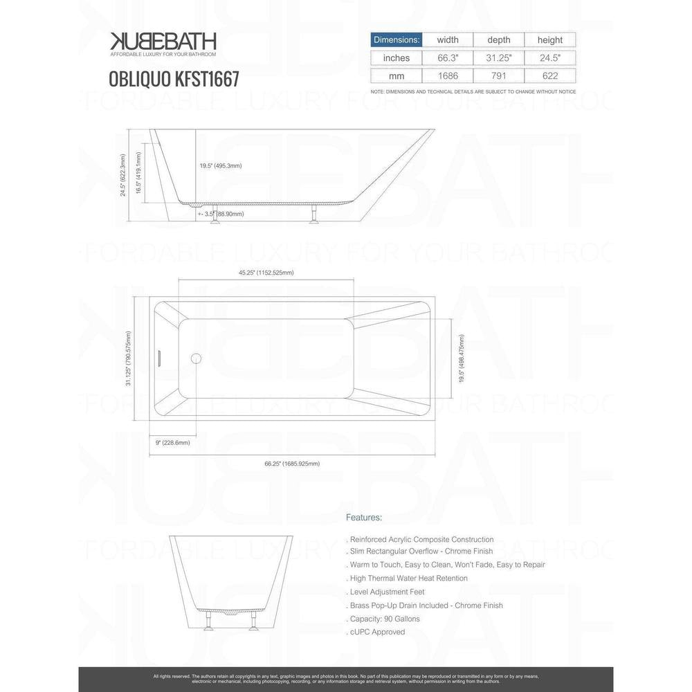 KubeBath Obliquo 67 in. Free Standing Bathtub in White 