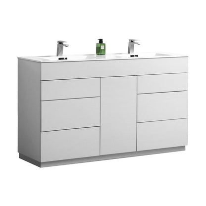 KubeBath Milano 60 in. Double Sink Modern Bathroom Vanity with Color Options High Gloss White