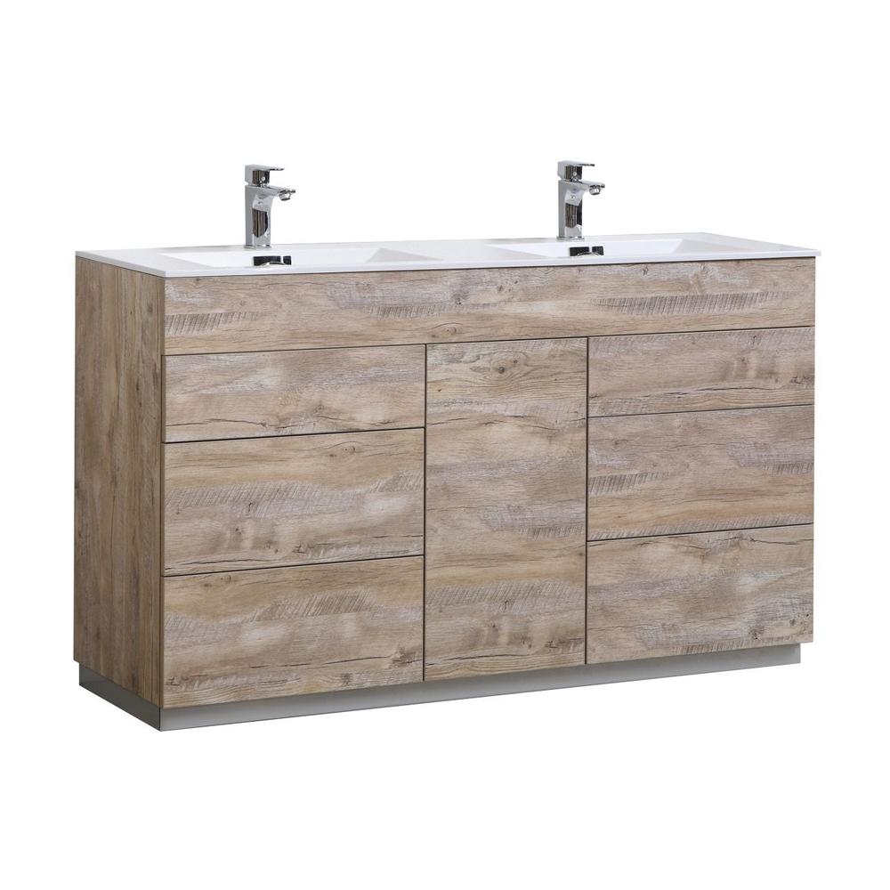 KubeBath Milano 60 in. Double Sink Modern Bathroom Vanity with Color Options Nature Wood