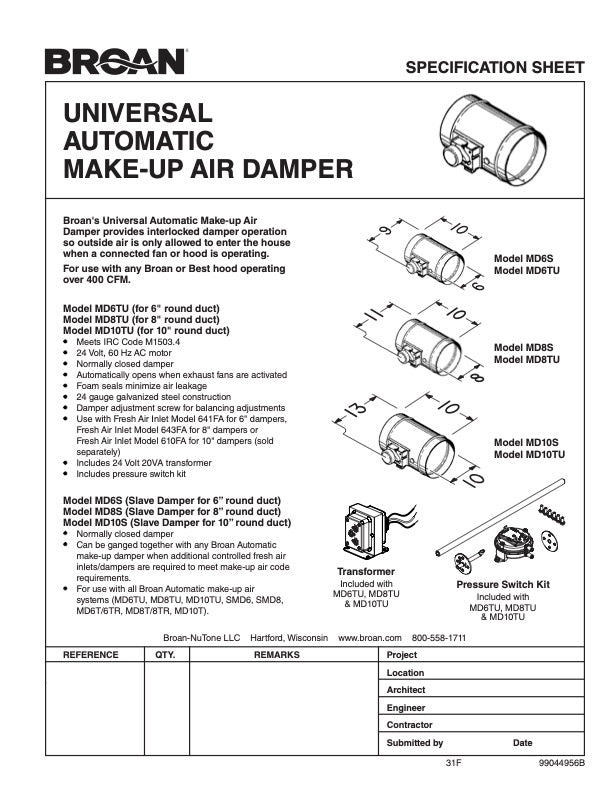 Broan Universal Automatic Make-Up Air Damper with Pressure Sensor Kit with Size Options (MDTU)