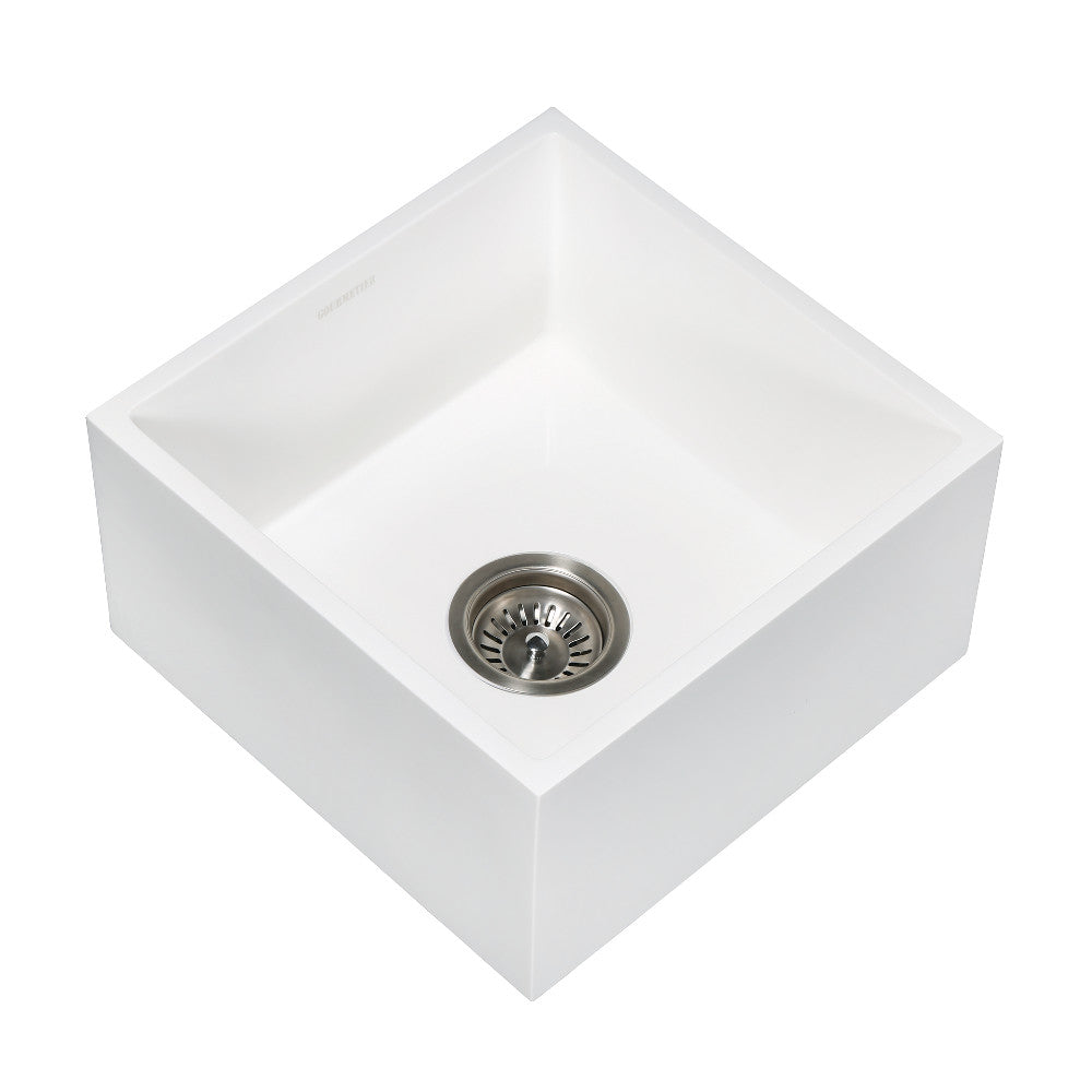 Kingston Brass Arcticstone Solid Surface Undermount 15" Square Single Bowl Bar Sink with Drain, Matte White