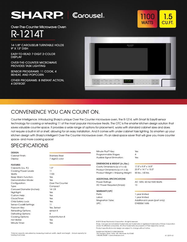 Sharp 1.5 cu. ft. 1100W 24 in. Over-the-Counter Microwave in Stainless Steel (R1214T)