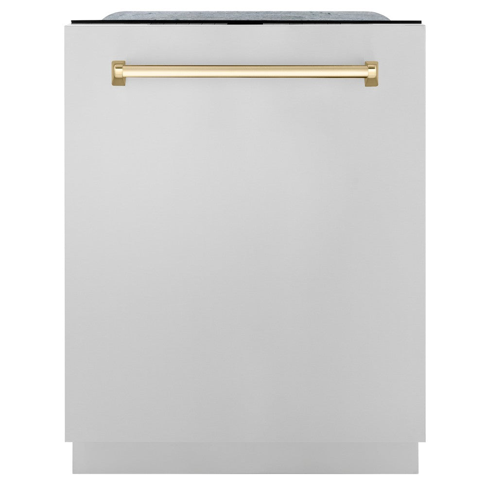 ZLINE Autograph Edition 24 in. Monument Dishwasher with Stainless Steel panel and Gold Handle front.