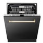 ZLINE Autograph Edition 24 in. Monument Series 3rd Rack Top Touch Control Tall Tub Dishwasher in Black Stainless Steel with Polished Gold Handle, 45dBa (DWMTZ-BS-24-G) front, half open.