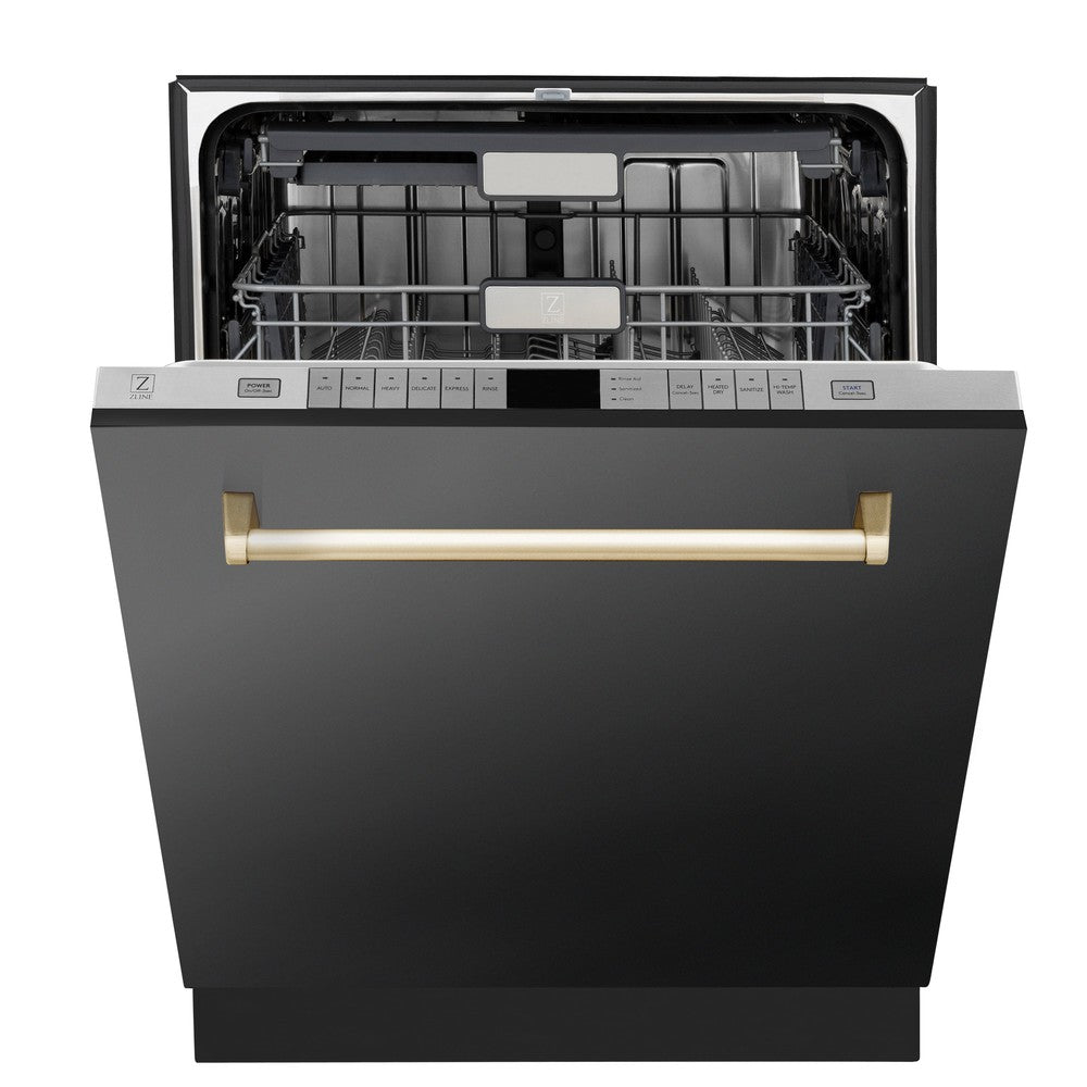 ZLINE Autograph Edition 24 in. Monument Dishwasher in Black Stainless Steel with Gold Handle (DWMTZ-BS-24-G) Front View Door Partially Open