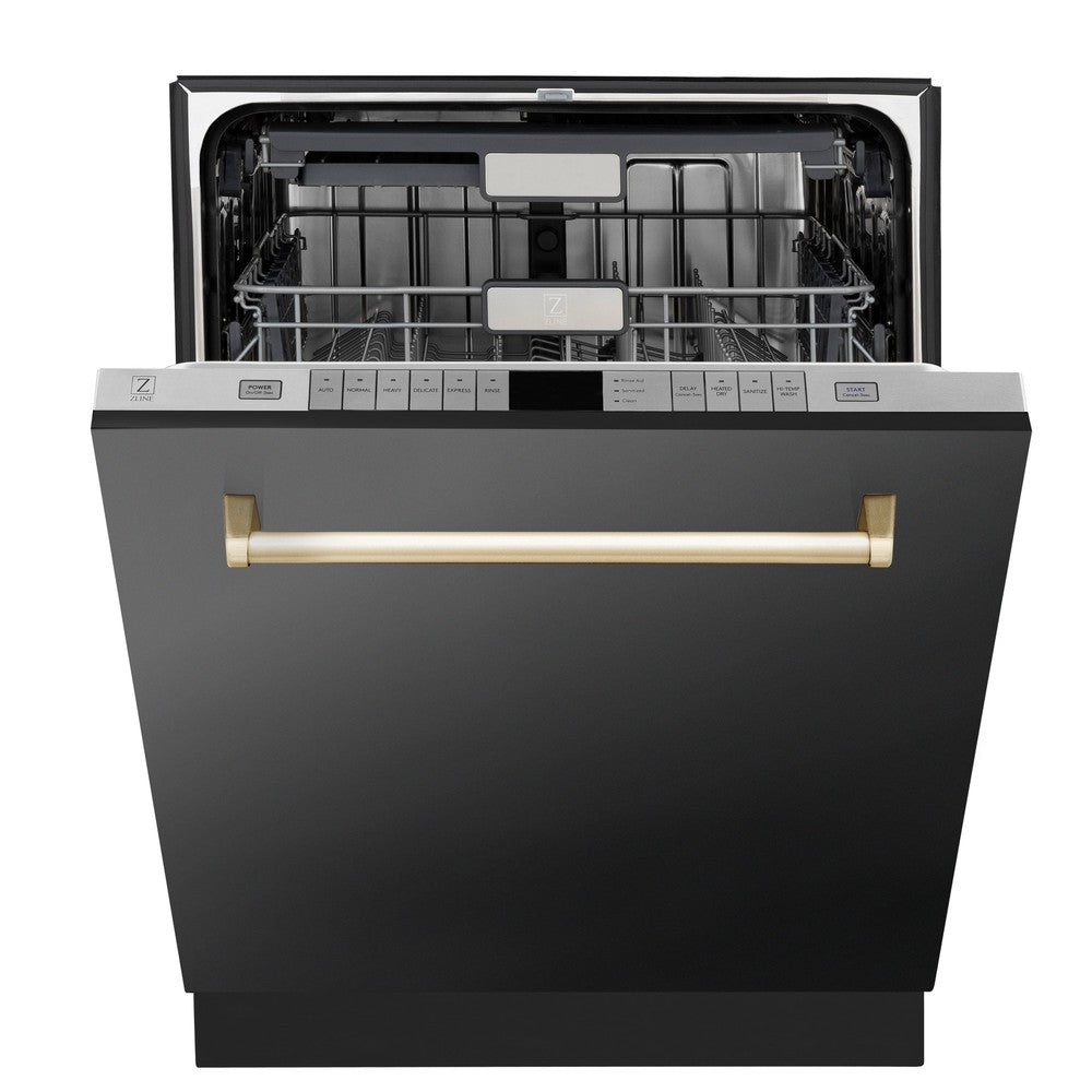 ZLINE Autograph Edition 24 in. Monument Series 3rd Rack Top Touch Control Tall Tub Dishwasher in Black Stainless Steel with Polished Gold Handle, 45dBa (DWMTZ-BS-24-G) front, half open.
