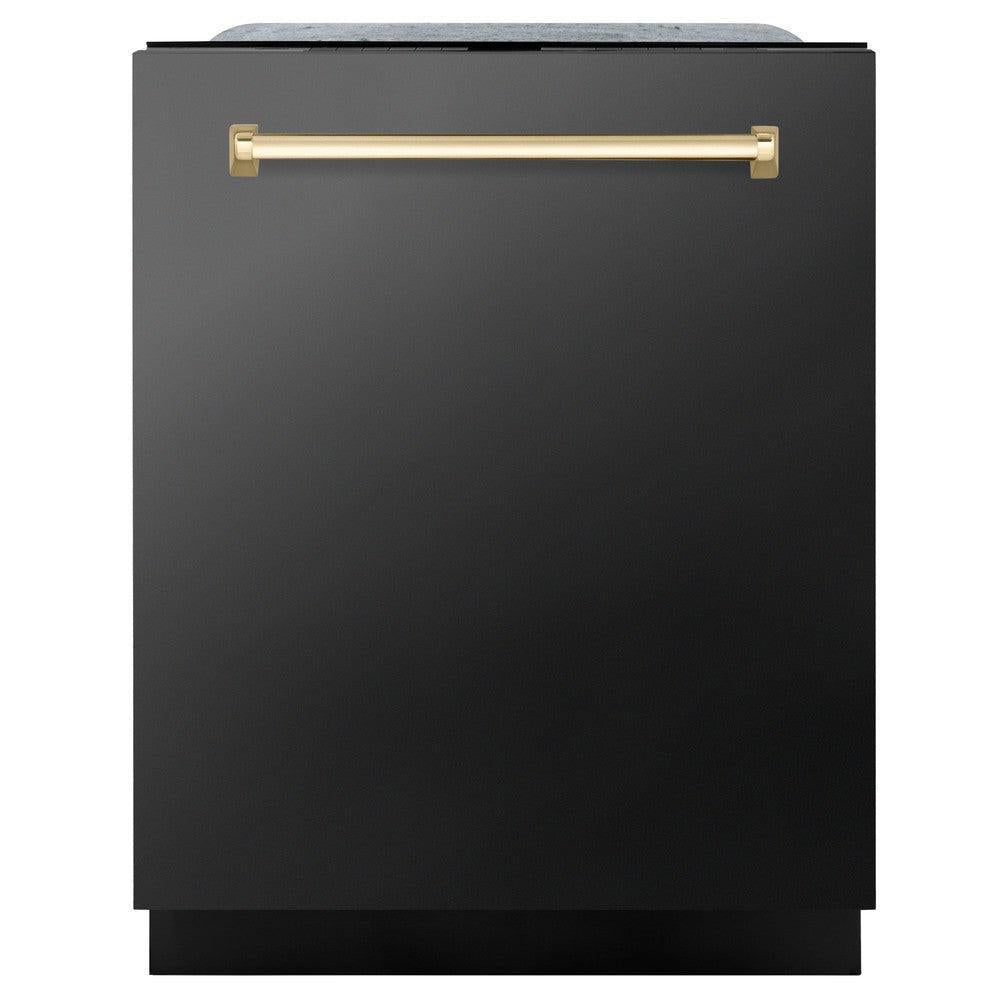 ZLINE Autograph Edition 24 in. Monument Series 3rd Rack Dishwasher with Auto Door Open Drying, 44dBa, Black Stainless Steel Panel with Polished Gold Handle (DWMTZ-BS-24-G) main image.