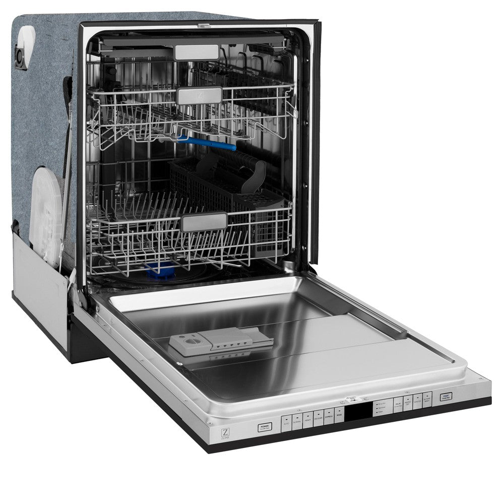 ZLINE Autograph Edition 24 in. Monument Series 3rd Rack Top Touch Control Tall Tub Dishwasher in Black Stainless Steel with Polished Gold Handle, 45dBa (DWMTZ-BS-24-G) side, open.