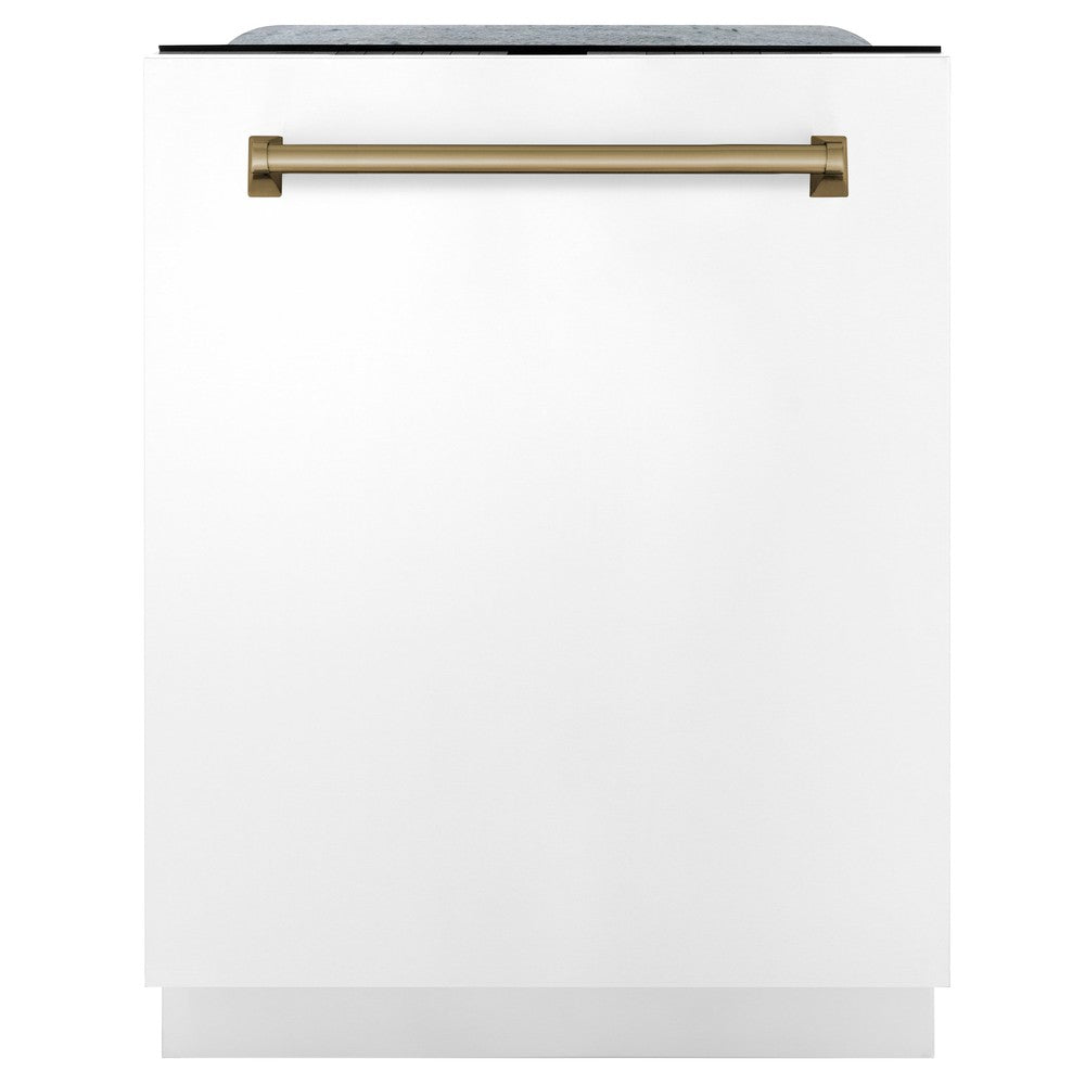 ZLINE Autograph Edition 48 in. Kitchen Package with Stainless Steel Dual Fuel Range with White Matte Door, Range Hood and Dishwasher with Champagne Bronze Accents (3AKP-RAWMRHDWM48-CB)