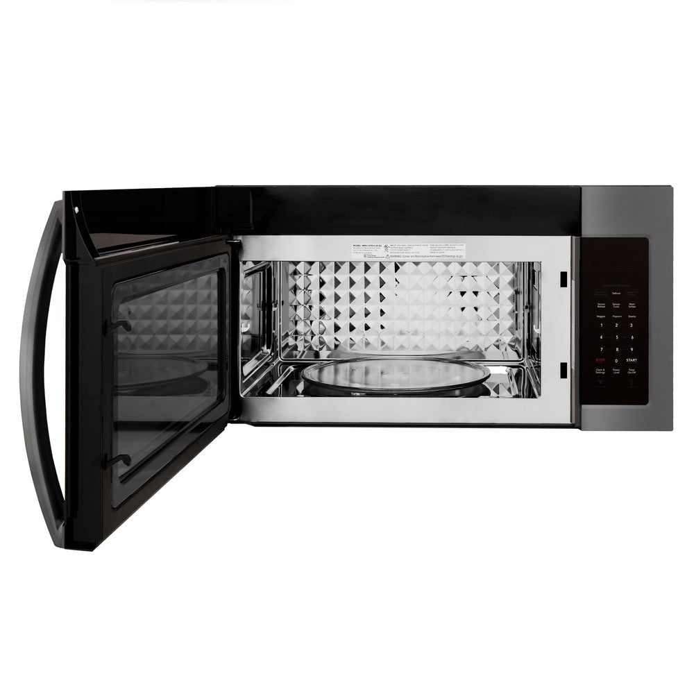 ZLINE Recirculating Over the Range Convection Microwave Oven with Charcoal Filters in Black Stainless Steel (MWO-OTRCF-30-BS) front, open.