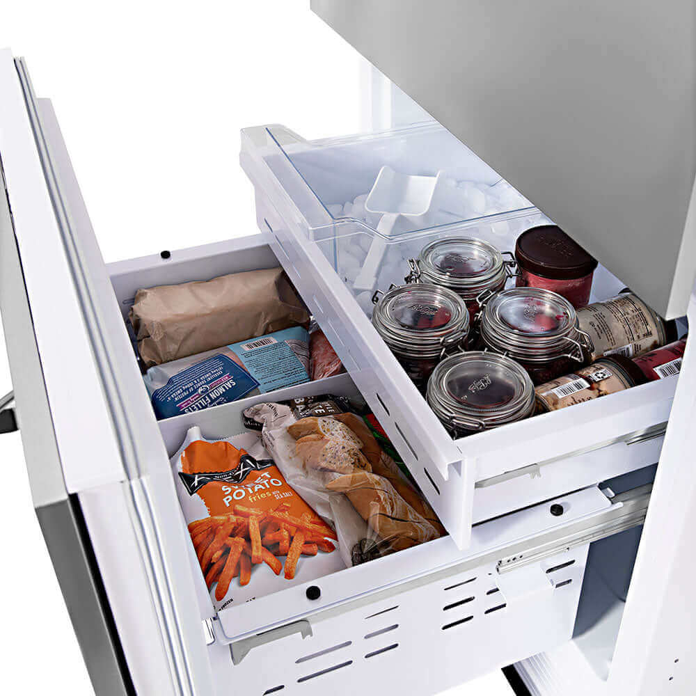 Frozen food inside bottom freezer compartment of ZLINE built-in refrigerator.