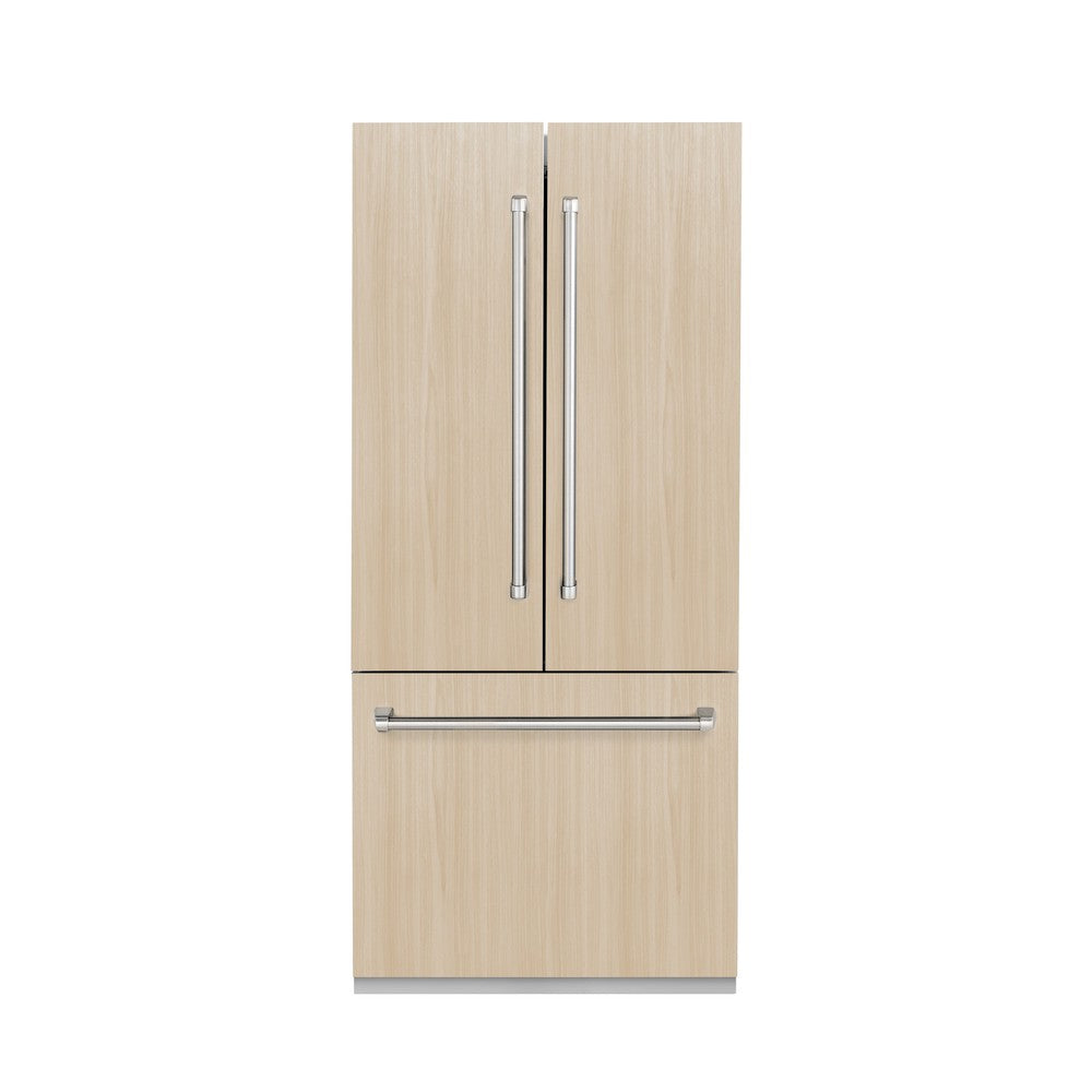 ZLINE Panel Ready Built-in Refrigerator (RBIV) with custom wood panels and metal handles for demonstration.