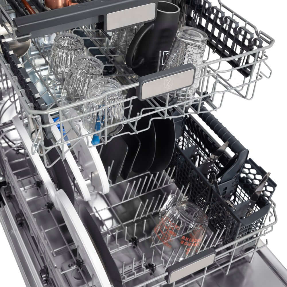 ZLINE 24 in. Monument Series 3rd Rack Top Touch Control Dishwasher in Custom Panel Ready with Stainless Steel Tub, 45dBa (DWMT-24) adjustable dish racks.