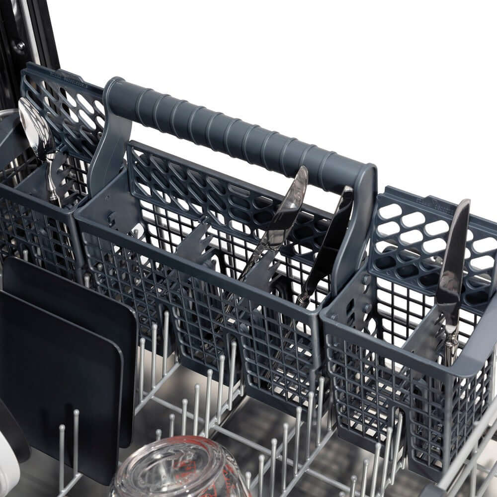 ZLINE 24 in. Monument Series 3rd Rack Top Touch Control Dishwasher in Custom Panel Ready with Stainless Steel Tub, 45dBa (DWMT-24) close-up, utensil holder on bottom dish rack.