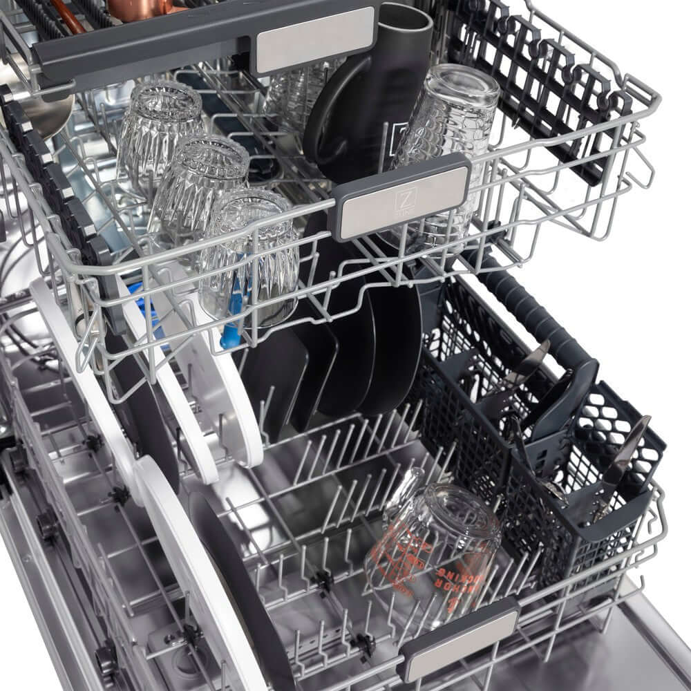 Adjustable racks inside ZLINE dishwasher fit large dishes up to 13 inches in height.