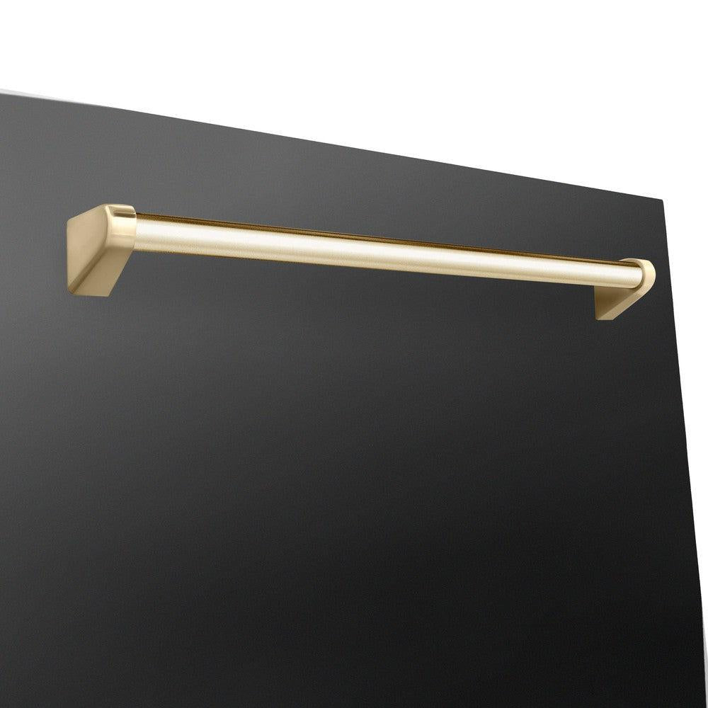 ZLINE Autograph Edition 24 in. Monument Series 3rd Rack Top Touch Control Tall Tub Dishwasher in Black Stainless Steel with Polished Gold Handle, 45dBa (DWMTZ-BS-24-G) close-up, Polished Gold Autograph Edition handle on panel.