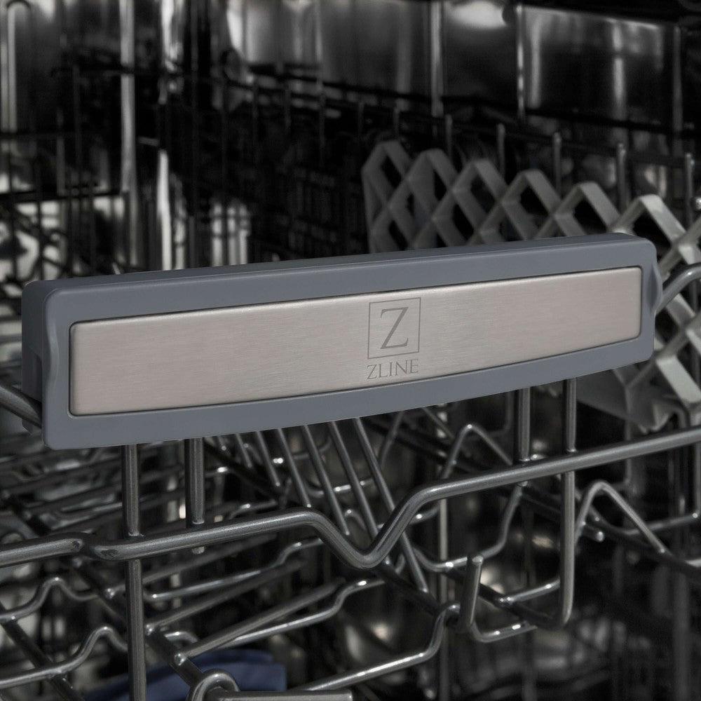 ZLINE 18 in. Tallac Series 3rd Rack Top Control Built-In Dishwasher in Custom Panel Ready with Stainless Steel Tub, 51dBa (DWV-18) close-up, ZLINE logo on dish rack.