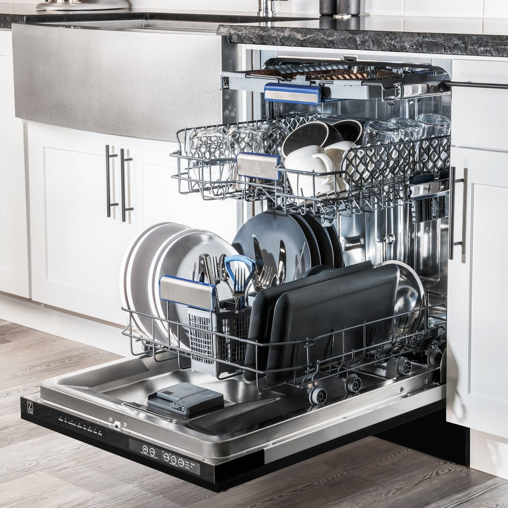 ZLINE Autograph Edition 18 in. Tallac Series 3rd Rack Top Control Built-In Dishwasher in Black Stainless Steel with Polished Gold Handle, 51dBa (DWVZ-BS-18-G) open with dishes loaded inside in a luxury kitchen, side.