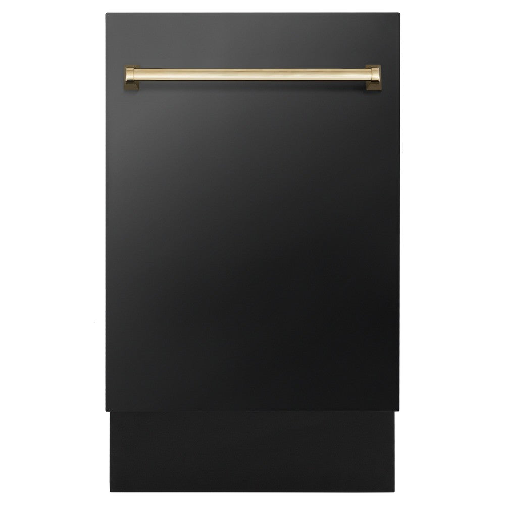 ZLINE Autograph Edition 18 in. Tallac Series 3rd Rack Top Control Built-In Dishwasher in Black Stainless Steel with Polished Gold Handle, 51dBa (DWVZ-BS-18-G) front, closed.