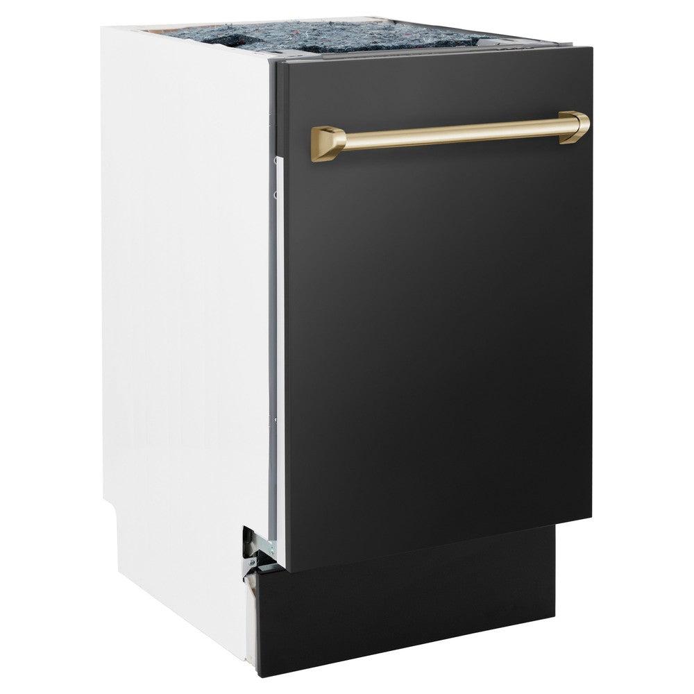 ZLINE Autograph Edition 18 in. Tallac Series 3rd Rack Top Control Built-In Dishwasher in Black Stainless Steel with Polished Gold Handle, 51dBa (DWVZ-BS-18-G) side, closed.