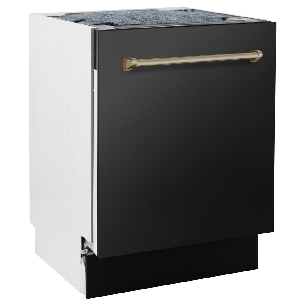 ZLINE Autograph Edition 24" Black Stainless Steel Dishwasher with Champagne Bronze handle (DWVZ-BS-24-CB) side, door closed.