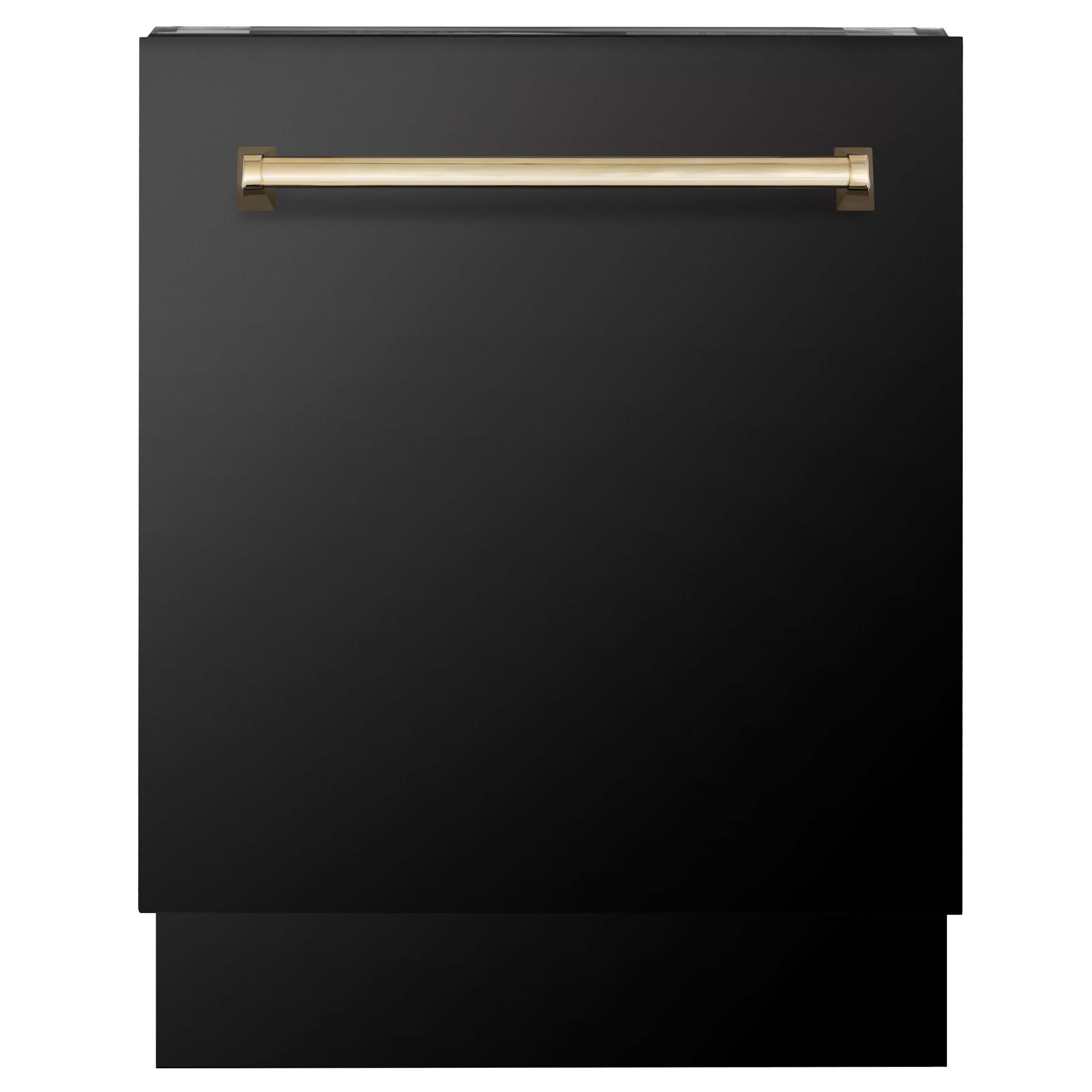 ZLINE Autograph Edition 24" Black Stainless Steel Dishwasher with Polished Gold handle (DWVZ-BS-24-G) side, door closed.