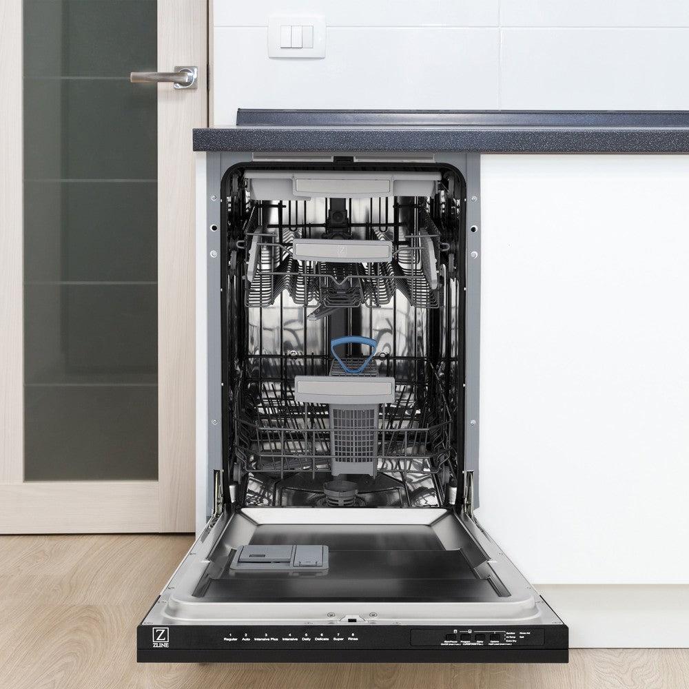 ZLINE Autograph Edition 18 in. Tallac Series 3rd Rack Top Control Built-In Dishwasher in Black Stainless Steel with Polished Gold Handle, 51dBa (DWVZ-BS-18-G) built-in to cabinets in a luxury kitchen.