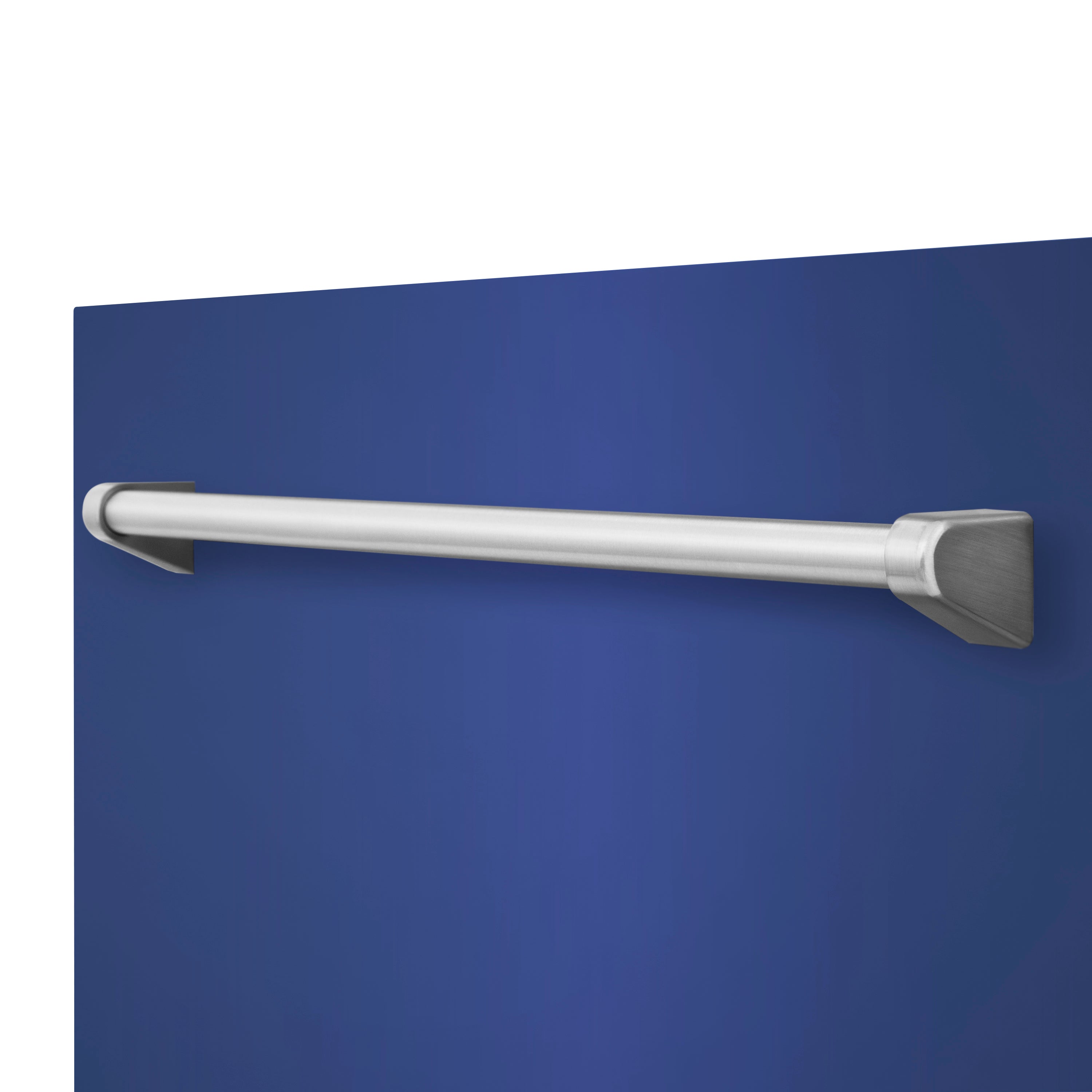 Close up of Blue Matte panel with stainless steel traditional handle angle 1
