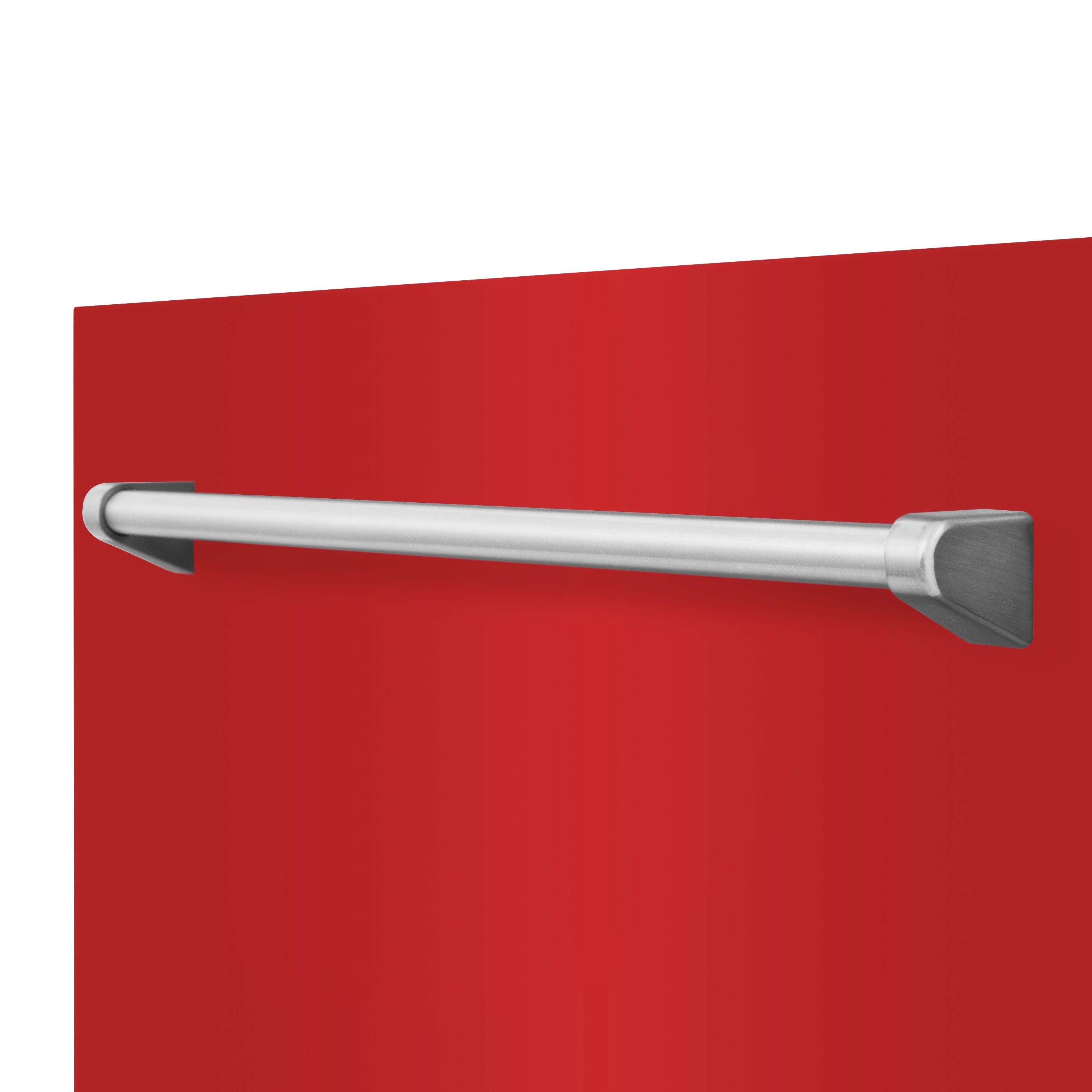 Close up of Red Matte panel with stainless steel traditional handle