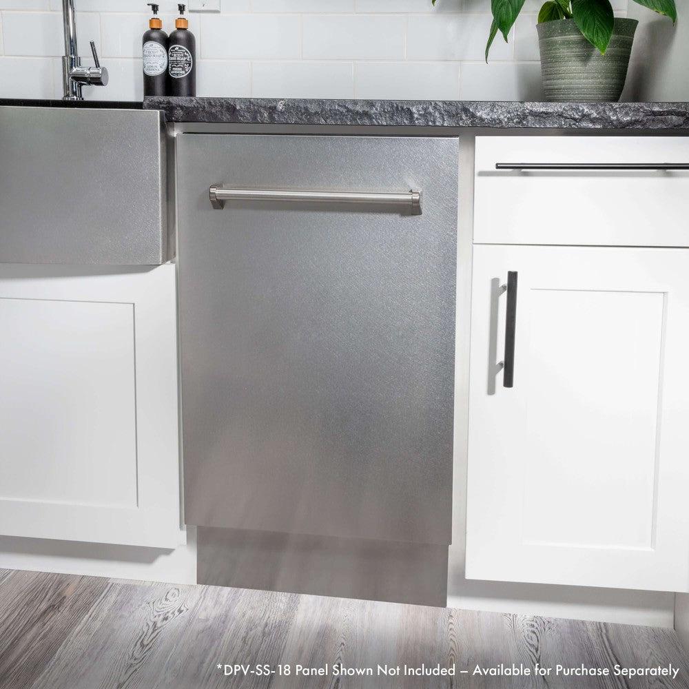 ZLINE 18 in. Tallac Series 3rd Rack Top Control Built-In Dishwasher in Custom Panel Ready with Stainless Steel Tub, 51dBa (DWV-18) built-in to white cabinets with granite countertops in a luxury kitchen, with stainless steel panel.