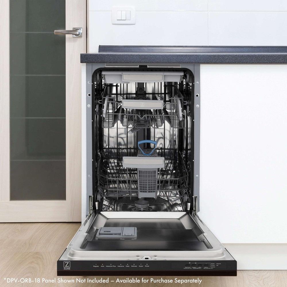 ZLINE 18 in. Tallac Series 3rd Rack Top Control Built-In Dishwasher in Custom Panel Ready with Stainless Steel Tub, 51dBa (DWV-18) built-in to cabinets in a luxury kitchen, with oil-rubbed bronze panel.