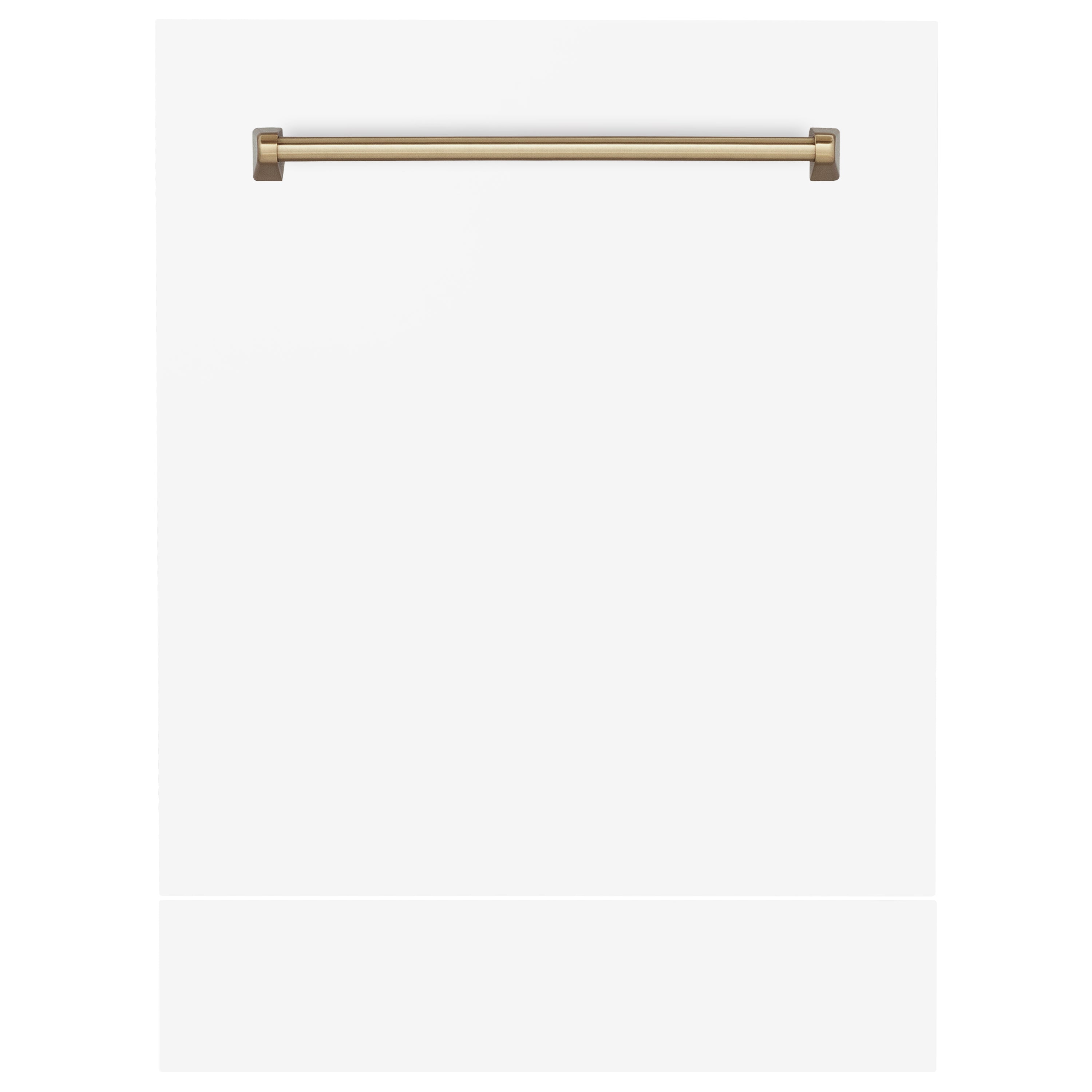 ZLINE 24 in. Autograph Edition Tallac Dishwasher Panel in White Matte with Champagne Bronze handle front with kickplate.
