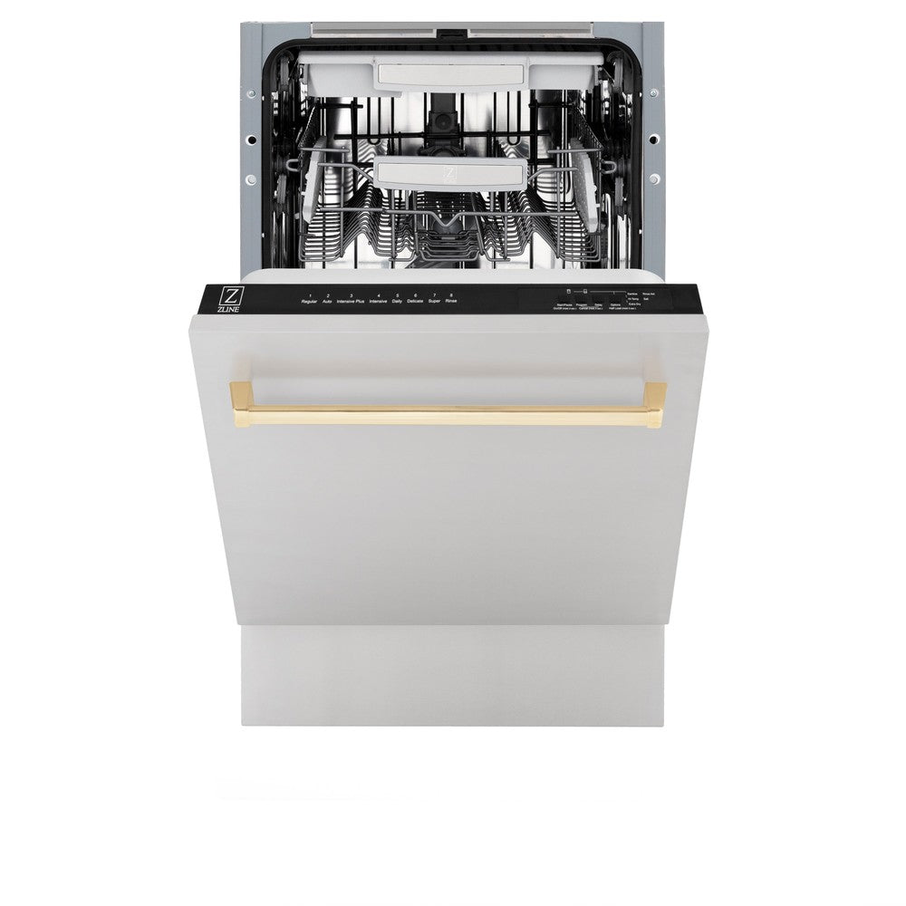 ZLINE Autograph Edition 18 in. Tallac Series 3rd Rack Top Control Built-In Dishwasher in Stainless Steel with Polished Gold Handle, 51dBa (DWVZ-304-18-G) front, half open.