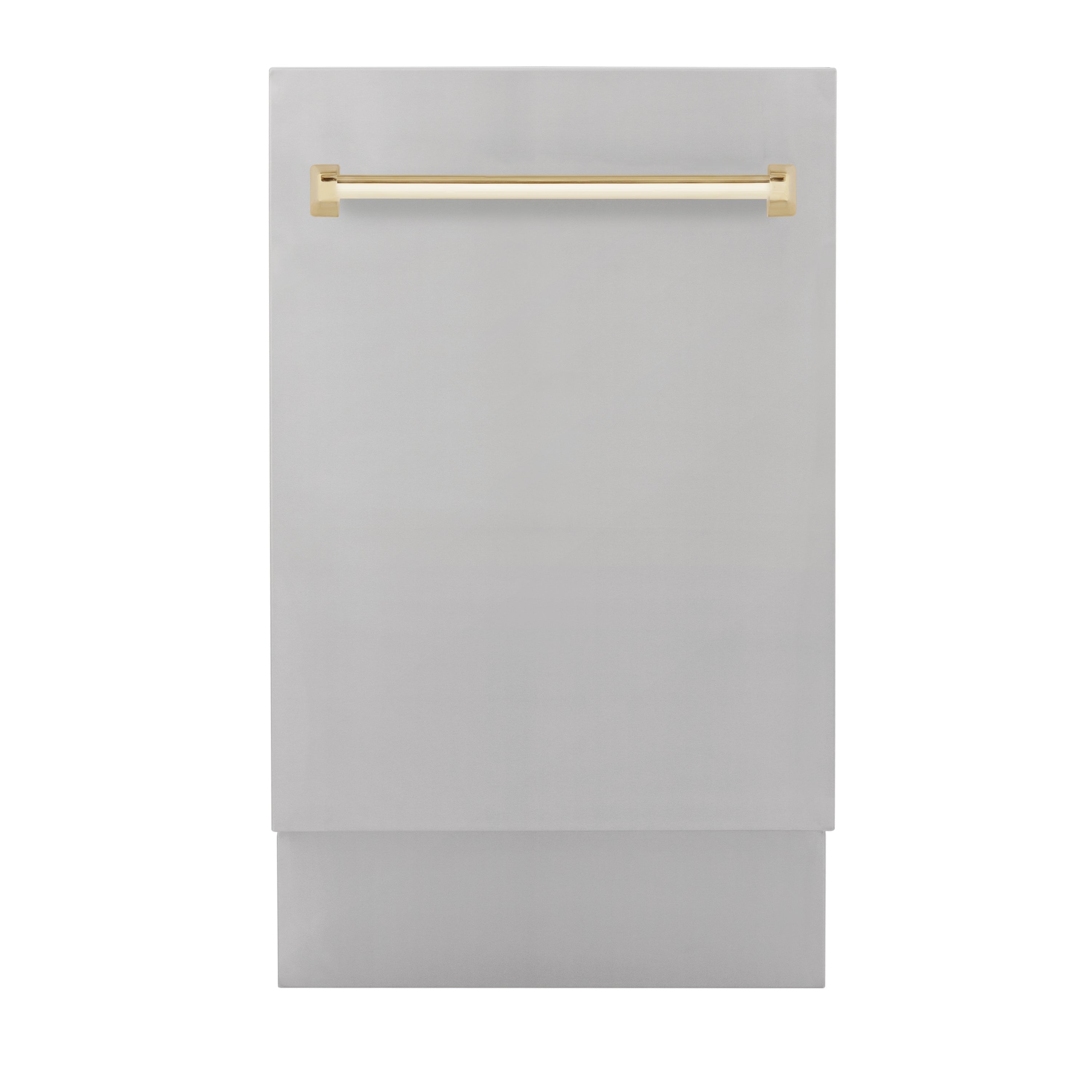 ZLINE Autograph Edition 18 in. Tallac Series 3rd Rack Top Control Built-In Dishwasher in Stainless Steel with Polished Gold Handle, 51dBa (DWVZ-304-18-G) front, closed.