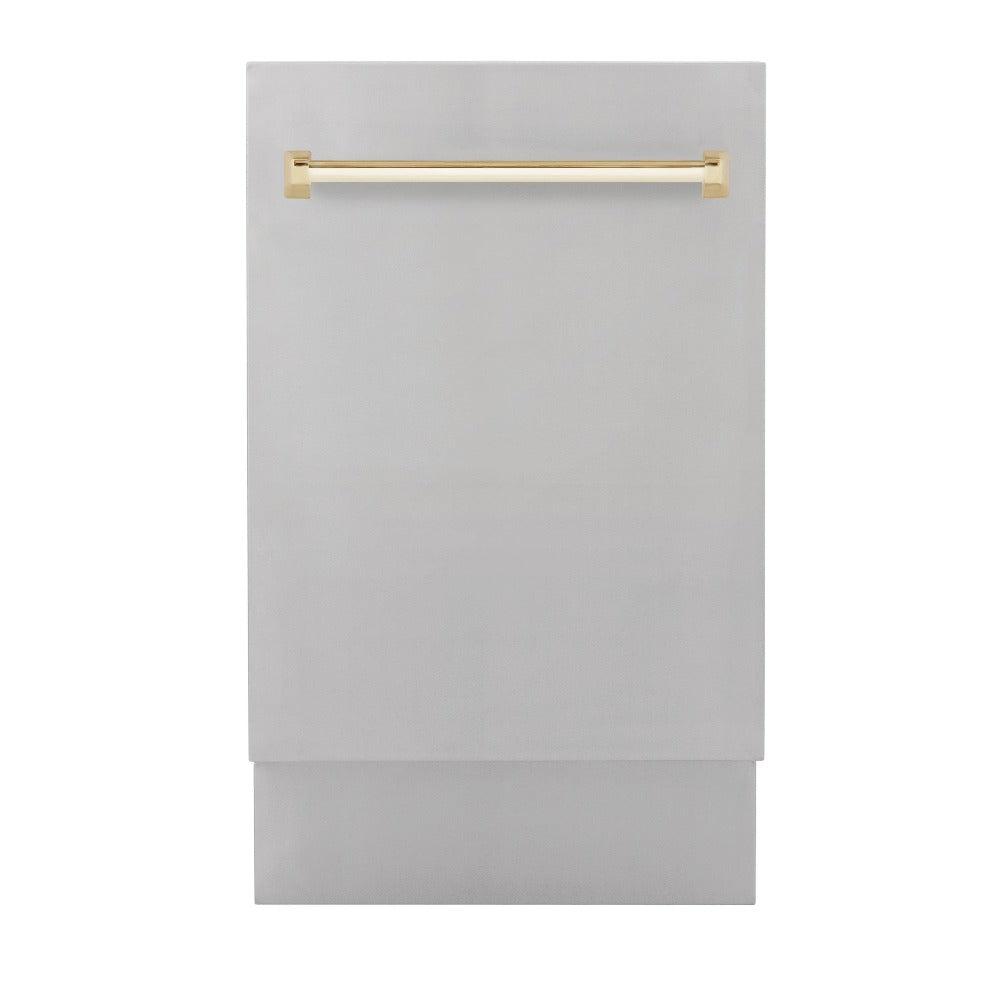 ZLINE Autograph Edition 18 in. Tallac Series 3rd Rack Top Control Built-In Dishwasher in Stainless Steel with Polished Gold Handle, 51dBa (DWVZ-304-18-G) 