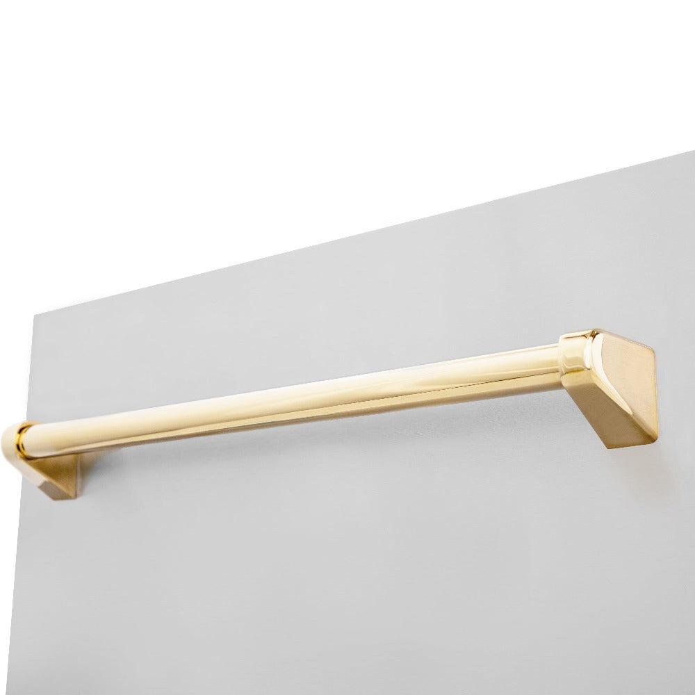 ZLINE Autograph Edition 18 in. Tallac Series 3rd Rack Top Control Built-In Dishwasher in Stainless Steel with Polished Gold Handle, 51dBa (DWVZ-304-18-G) close-up, Polished Gold Autograph Edition handle on panel.
