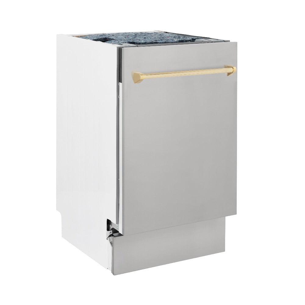 ZLINE Autograph Edition 18 in. Tallac Series 3rd Rack Top Control Built-In Dishwasher in Stainless Steel with Polished Gold Handle, 51dBa (DWVZ-304-18-G) side, closed.