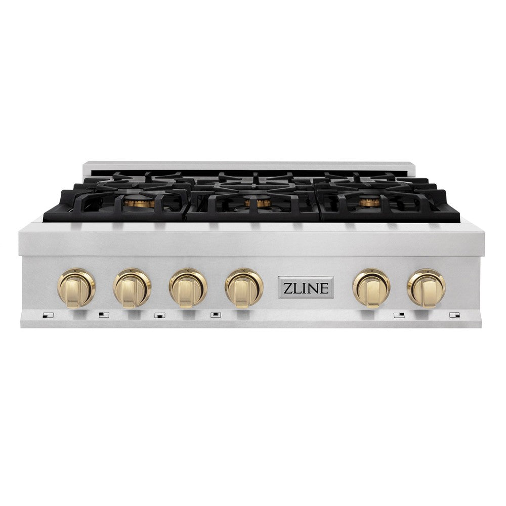 ZLINE Autograph Edition 36 in. Porcelain Rangetop with 6 Gas Burners in DuraSnow Stainless Steel with Polished Gold Accents (RTSZ-36-G)